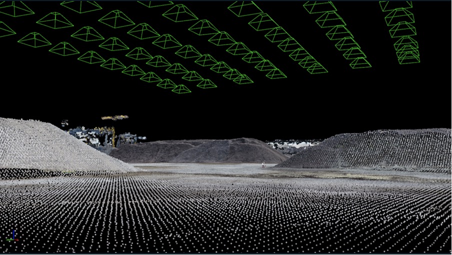 A coded 3D model of the area survey by a commercial drone.