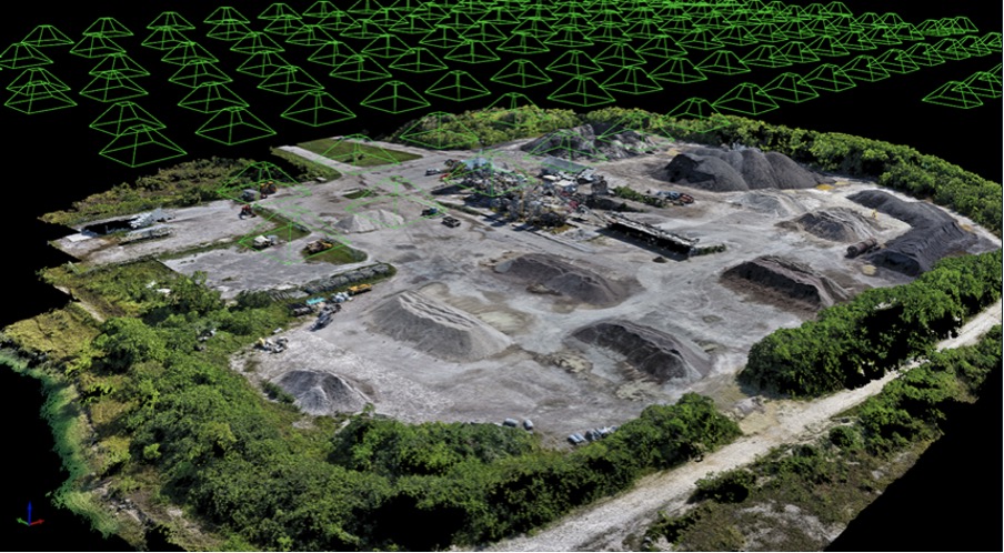 An aerial view of a coded 3D model, surveyed and produced by a commercial drone.