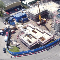 An aerial drone shot of a construction site during an aerial inspection.