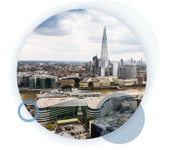 A circular gif containing a drone shot of London, taken by the RUAS team during an aerial inspection.