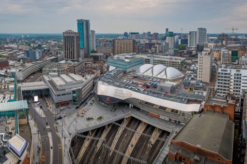 An aerial drone shot of Birmingham City's rooftops.