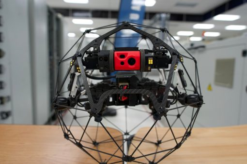 A close-up shot of a drone used for confined spaces.