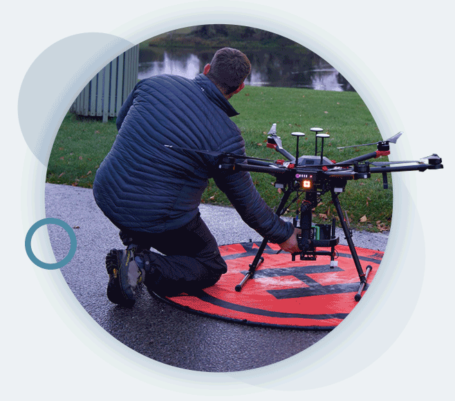 A circular gif containing a drone being prepared to go airborne, for a survey run by RUAS.