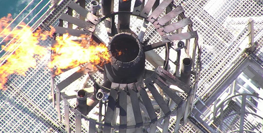 A close up aerial shot of a flare stack, taken by a RUAS drone during an offshore survey.