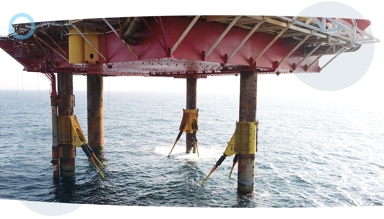 A drone shot of the underside of Siri, an oil rig, during a RUAS offshore survey.