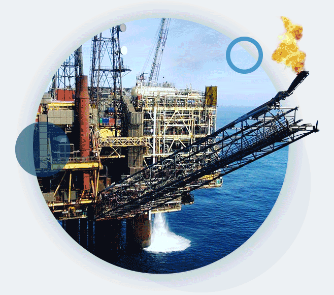 A circular gif containing an oil refinery and a flare stack during an oil and gas inspection run by RUAS.