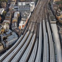 An aerial drone shot of London bridge station railway network, in Southwark.