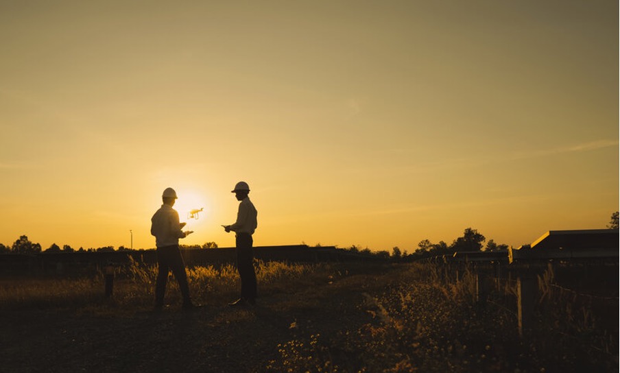 Two men controlling a drone using a drone radio transmitter the sunset for a promotional video.