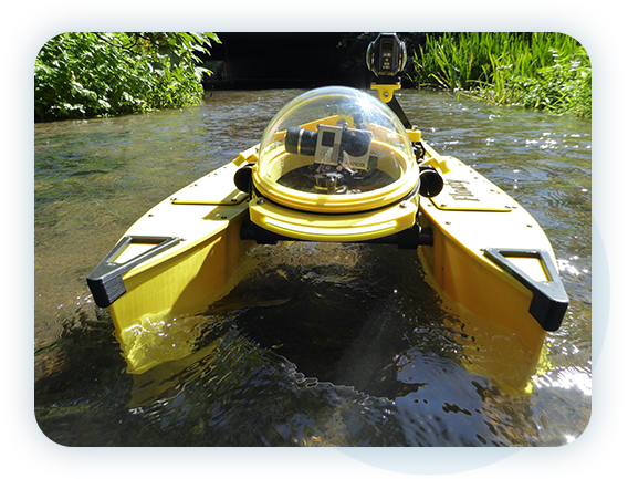 A waterborne Surface Hydro ROV “SHROV” machine in action. Innovated by RUAS.