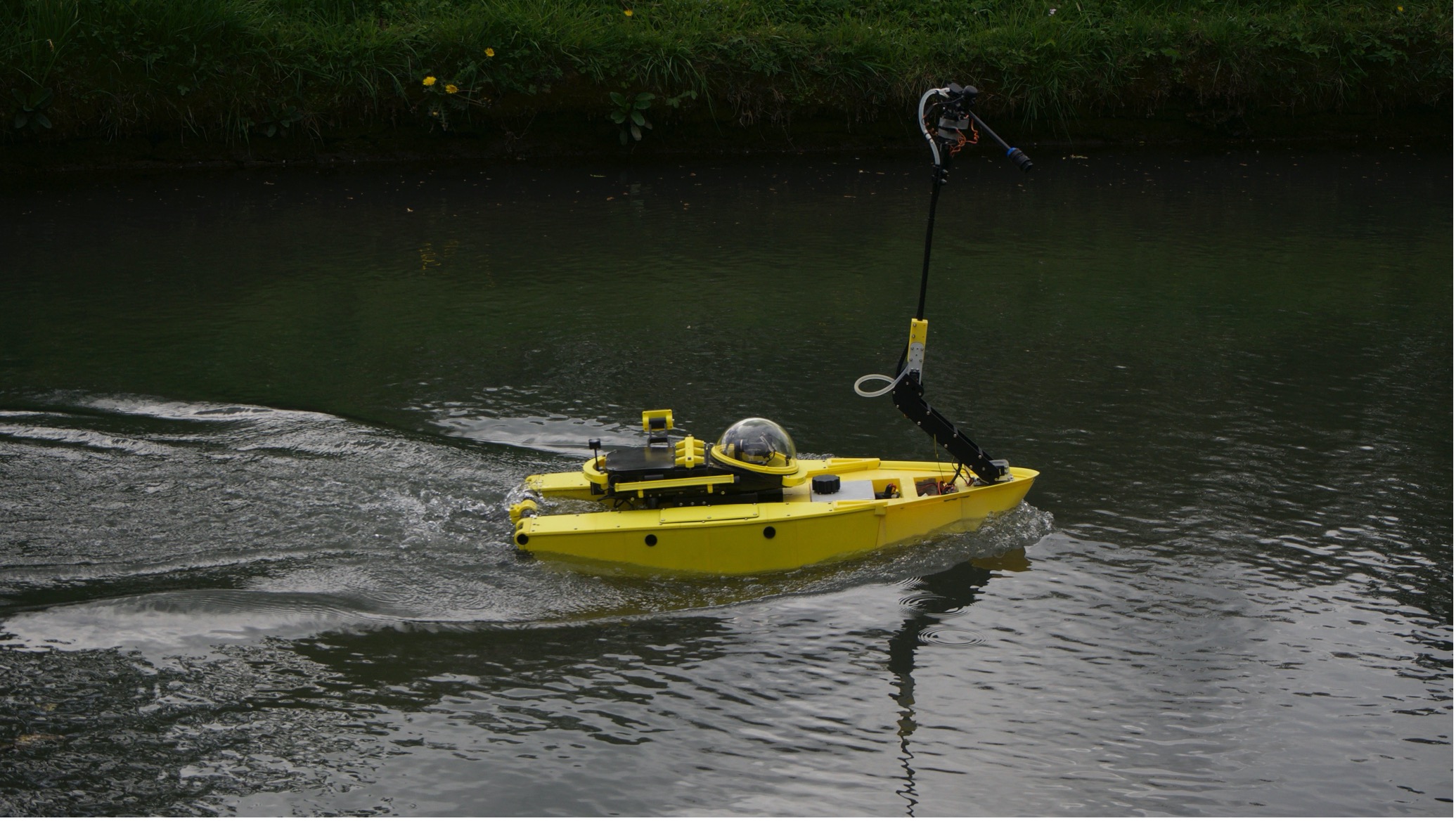 The waterborne Surface Hydro ROV “SHROV” being controlled along the canal.