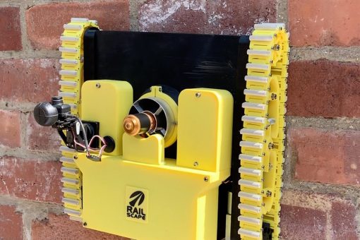 The Amphibious ROV "Wallcrawler” in action on a brick wall. Innovated by RUAS.