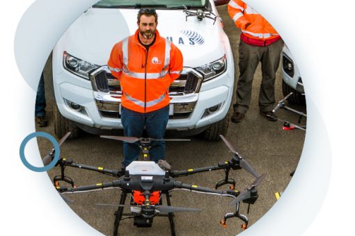 Circular image of the RUAS team, with UK CAA recognised qualifications, and their drones.