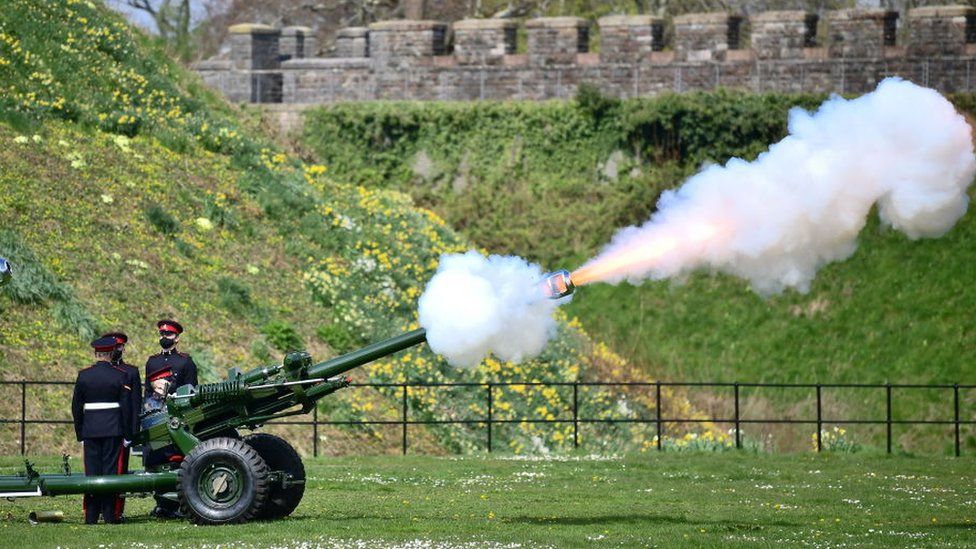 A military canon being fired in memory of HRH Prince Philip.