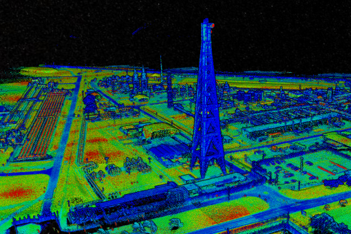 M300 RTK drone capturing high-resolution point loud scan shot using an LiDAR sensor of Shell's hydrocarbon gas processing plant in Bacton.