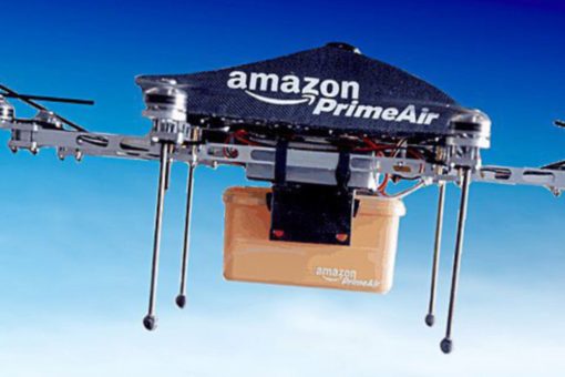 An Amazon prime air drone in flight with a delivery. Presents the idea Amazon are failing to develop on their drone services.